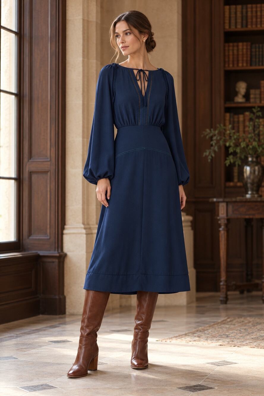 Fame & Partners Hanne Navy Midi Dress Bishop Sleeves Low V-Back A-Line Size 2